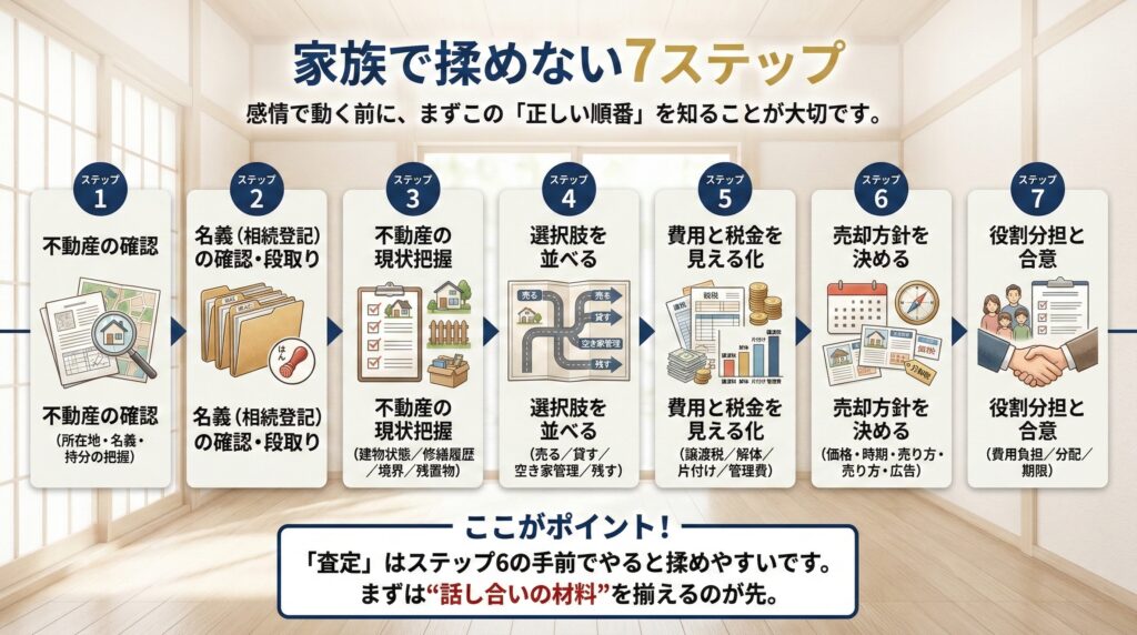 ④ 家族で揉めない「進め方7ステップ」（ロードマップ）